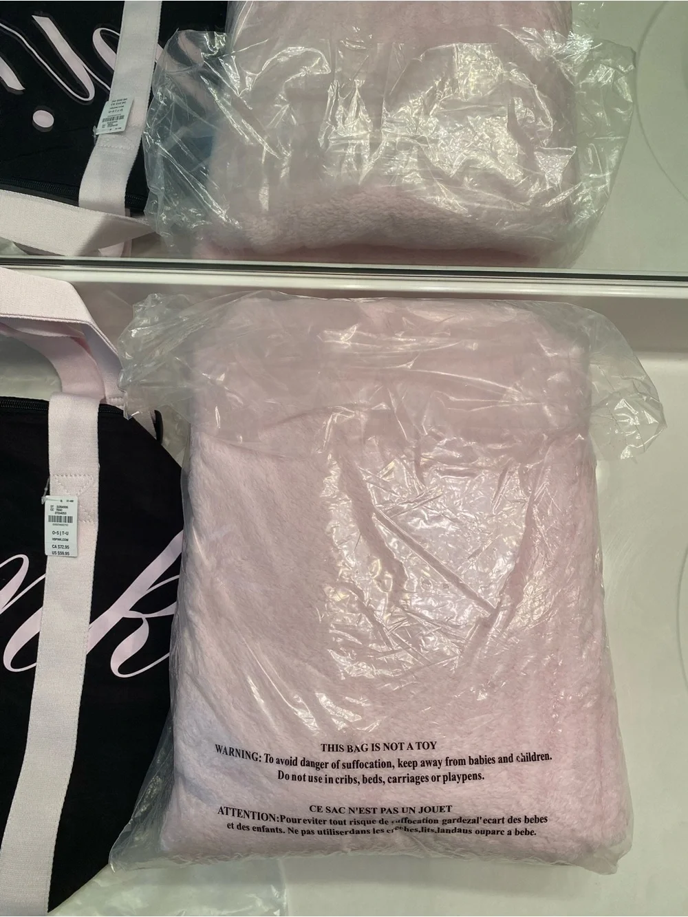 PINK Black and Light Pink Duffle Bag with 'Pink' Script and Blanket